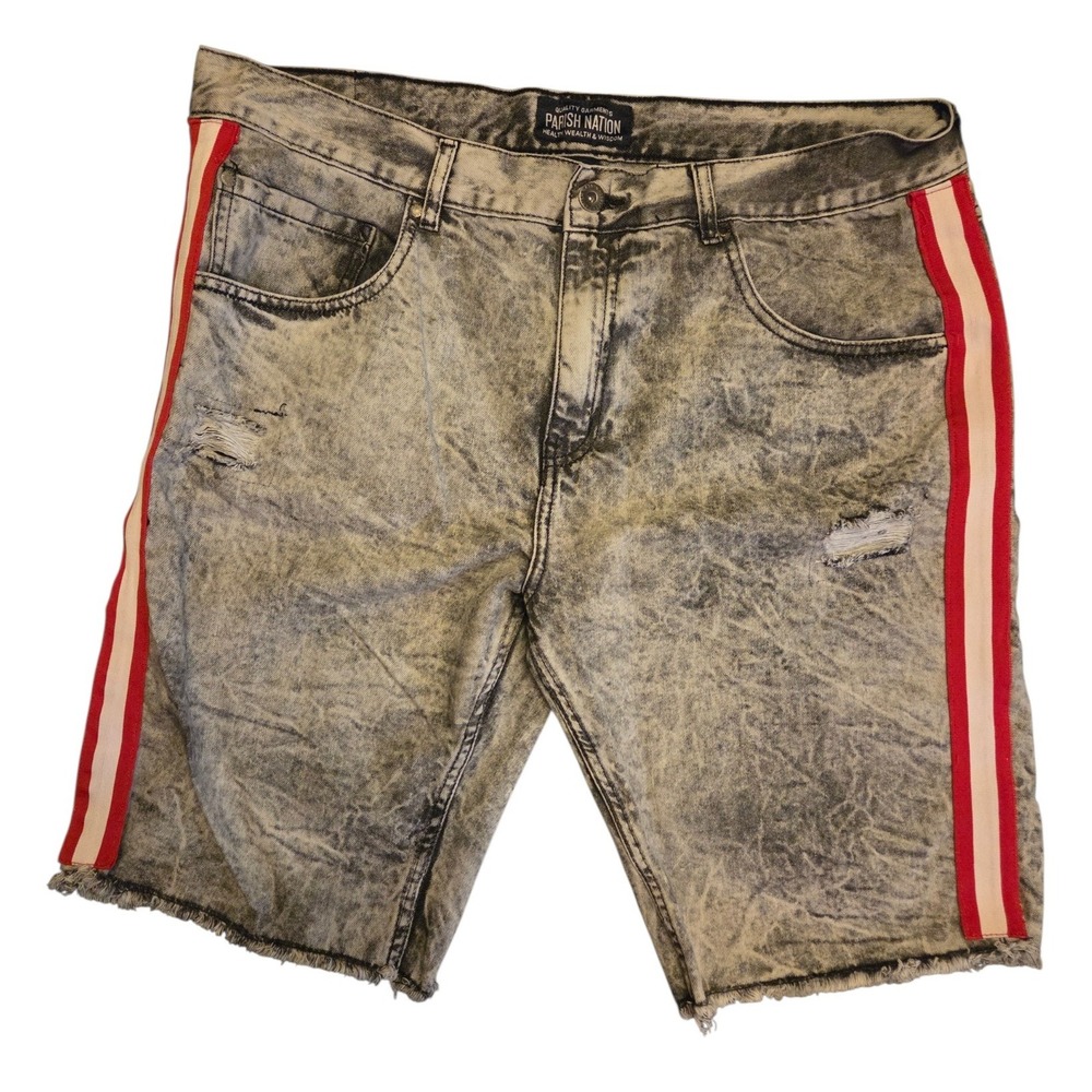 Parish Nation Mens 38 Acid Wash Denim‎ Shorts Red Side Stripe Distressed Raw Hem